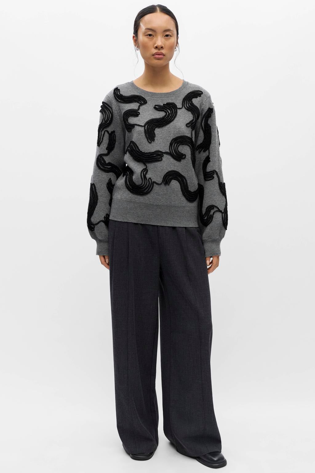 Grijze dames OBJECT pullover en wol met lange mouwen, ronde hals en borduursels