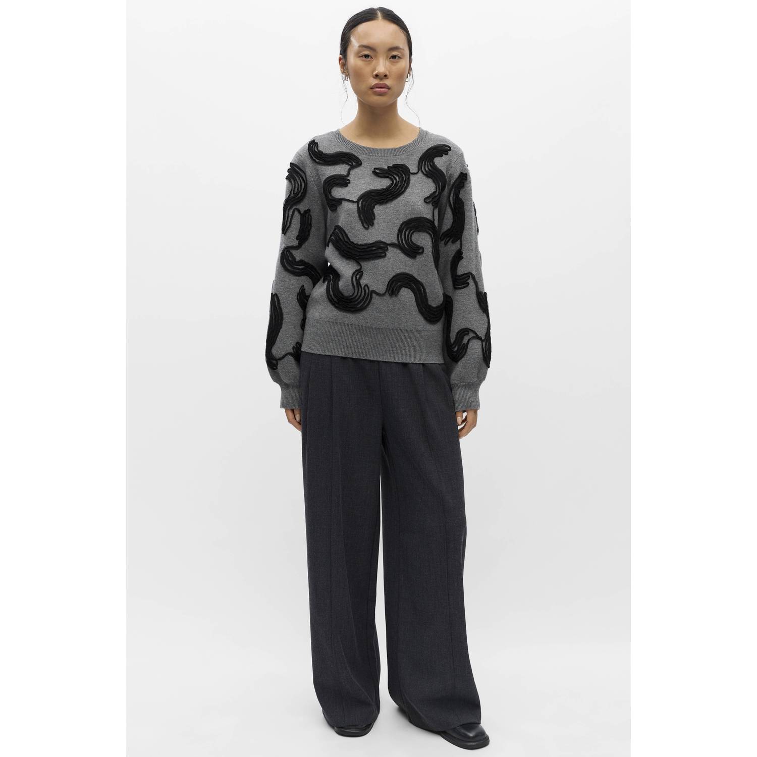 OBJECT pullover met borduursels en wol grijs
