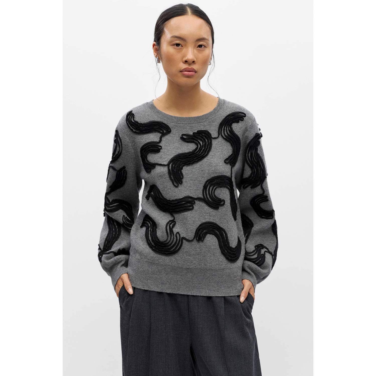 OBJECT pullover met borduursels en wol grijs