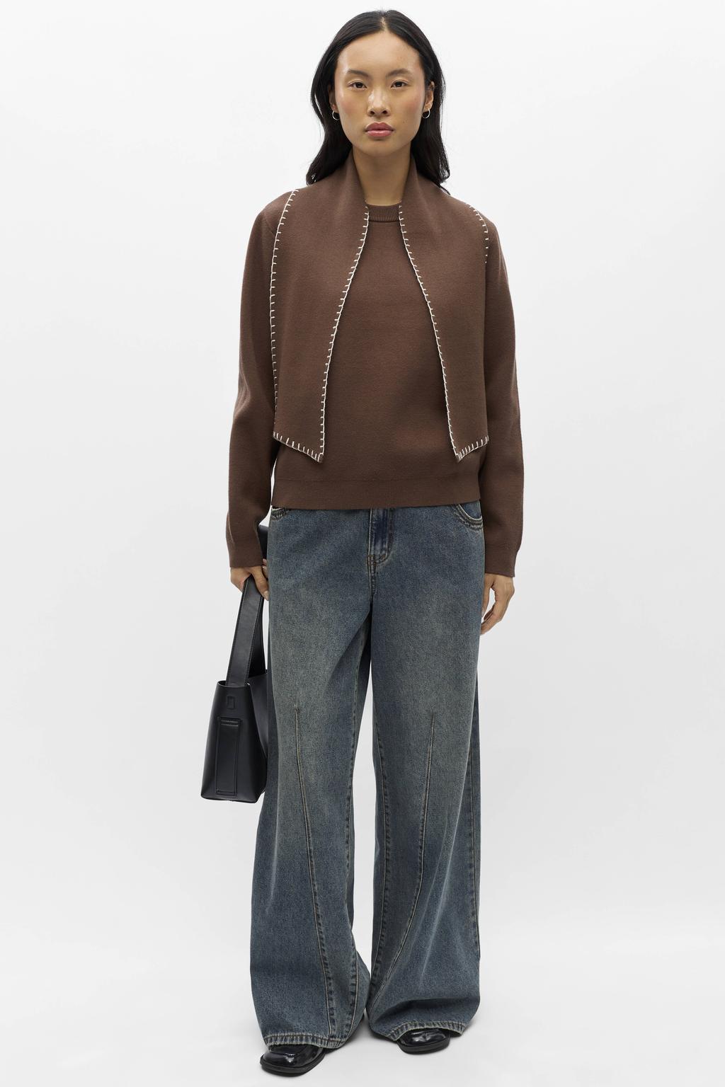 Bruine dames OBJECT pullover van viscose met effen, lange mouwen en sjaalkraag