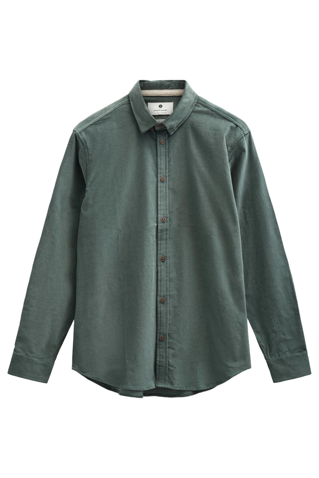 Groene heren Anerkjendt regular fit casual corduroy overhemd met effen, lange mouwen en klassieke kraag