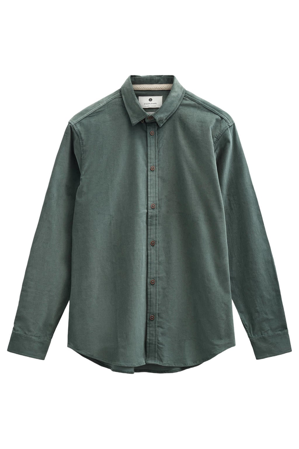 Groene heren Anerkjendt regular fit casual corduroy overhemd met effen, lange mouwen en klassieke kraag