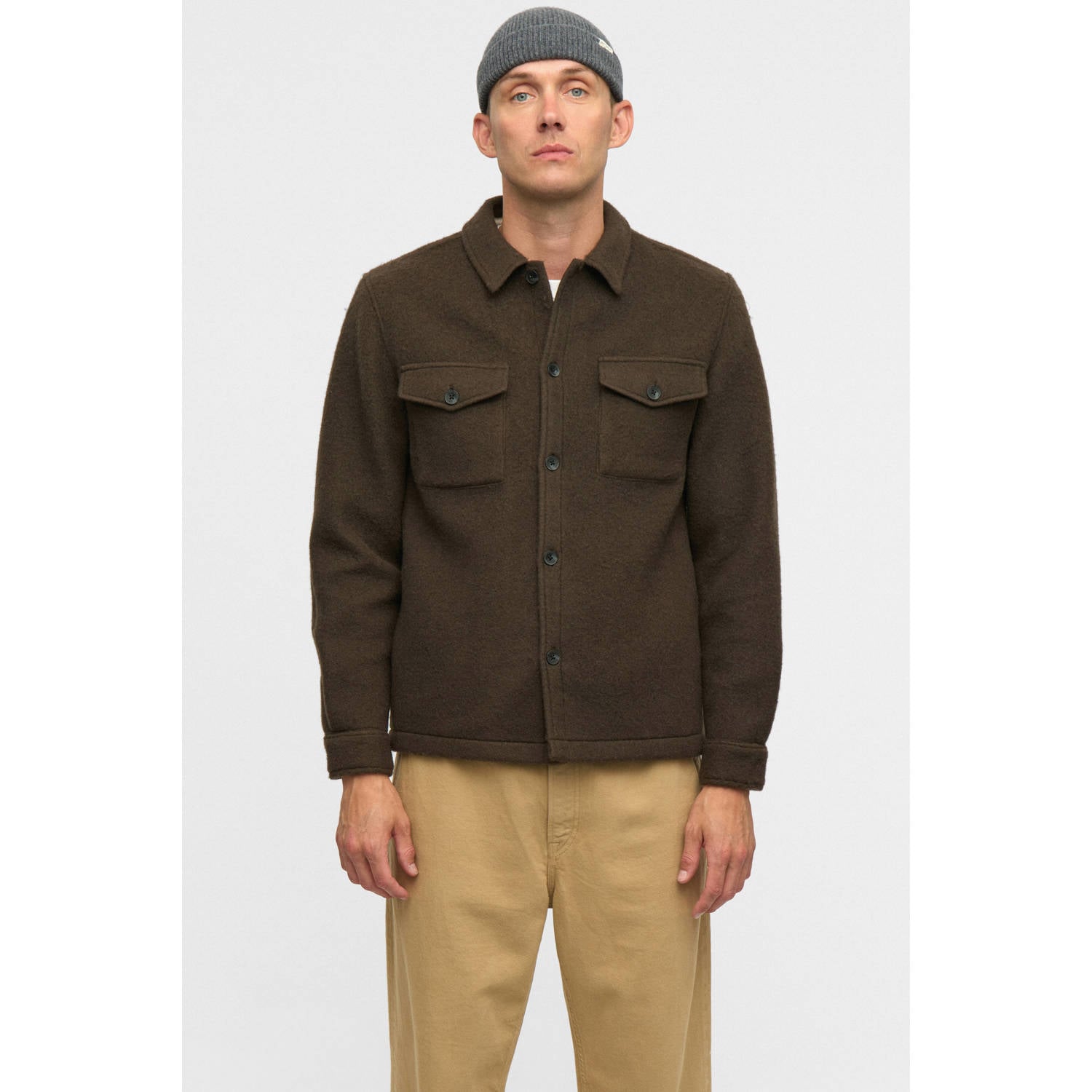 Anerkjendt regular fit overshirt met wol donkerbruin