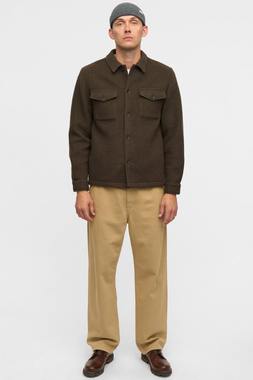 Donkerblauwe heren Anerkjendt regular fit overshirt van wol met effen, lange mouwen en klassieke kraag
