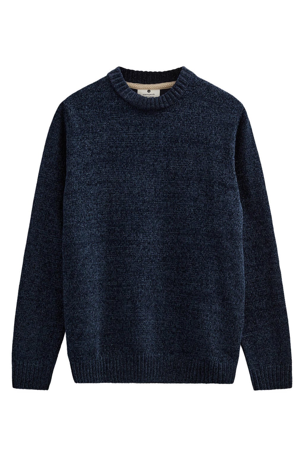 Donkerblauwe heren Anerkjendt gebreide trui van chenille met melée print, lange mouwen en ronde hals