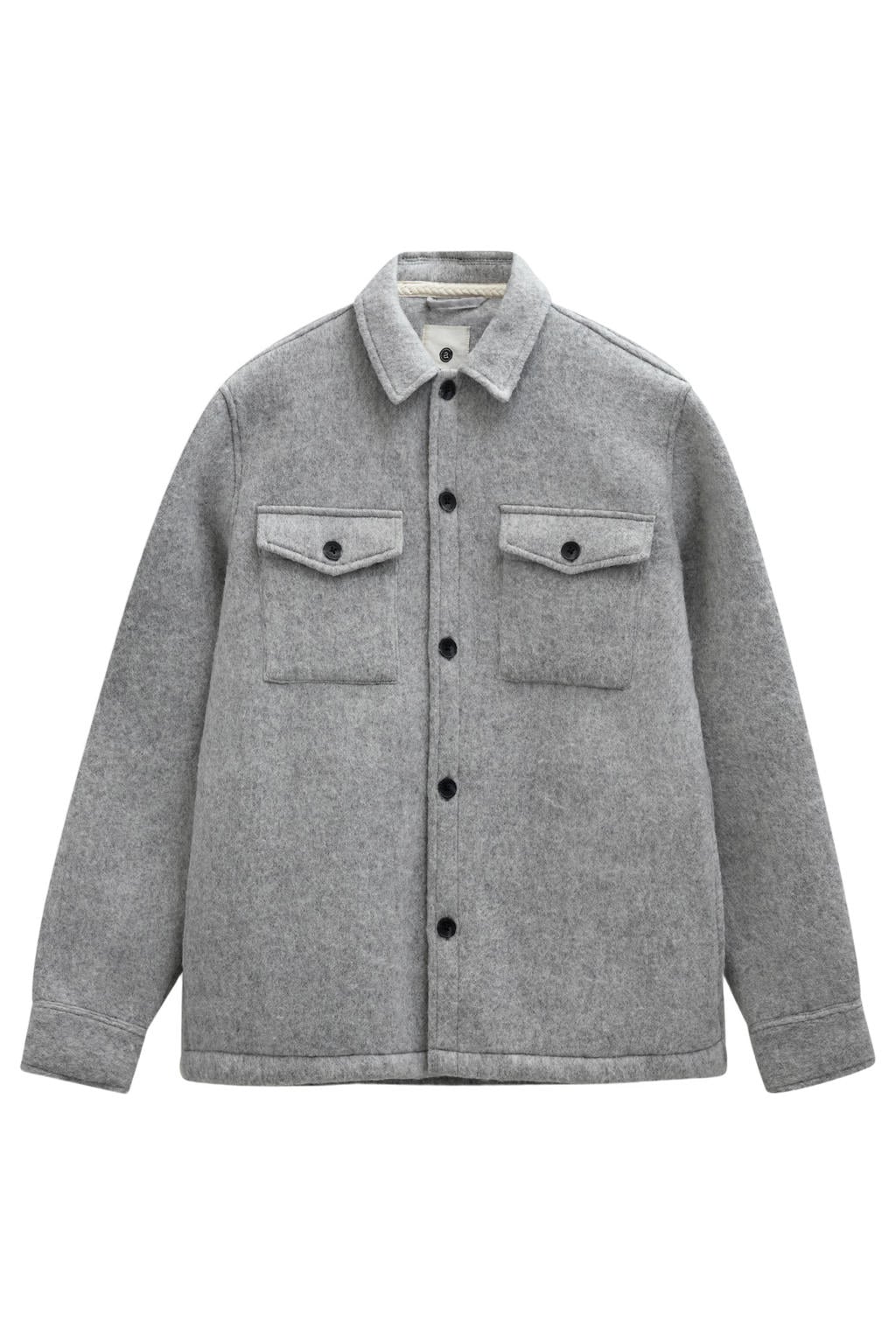 Grijze heren Anerkjendt regular fit overshirt van wol met effen, lange mouwen en klassieke kraag