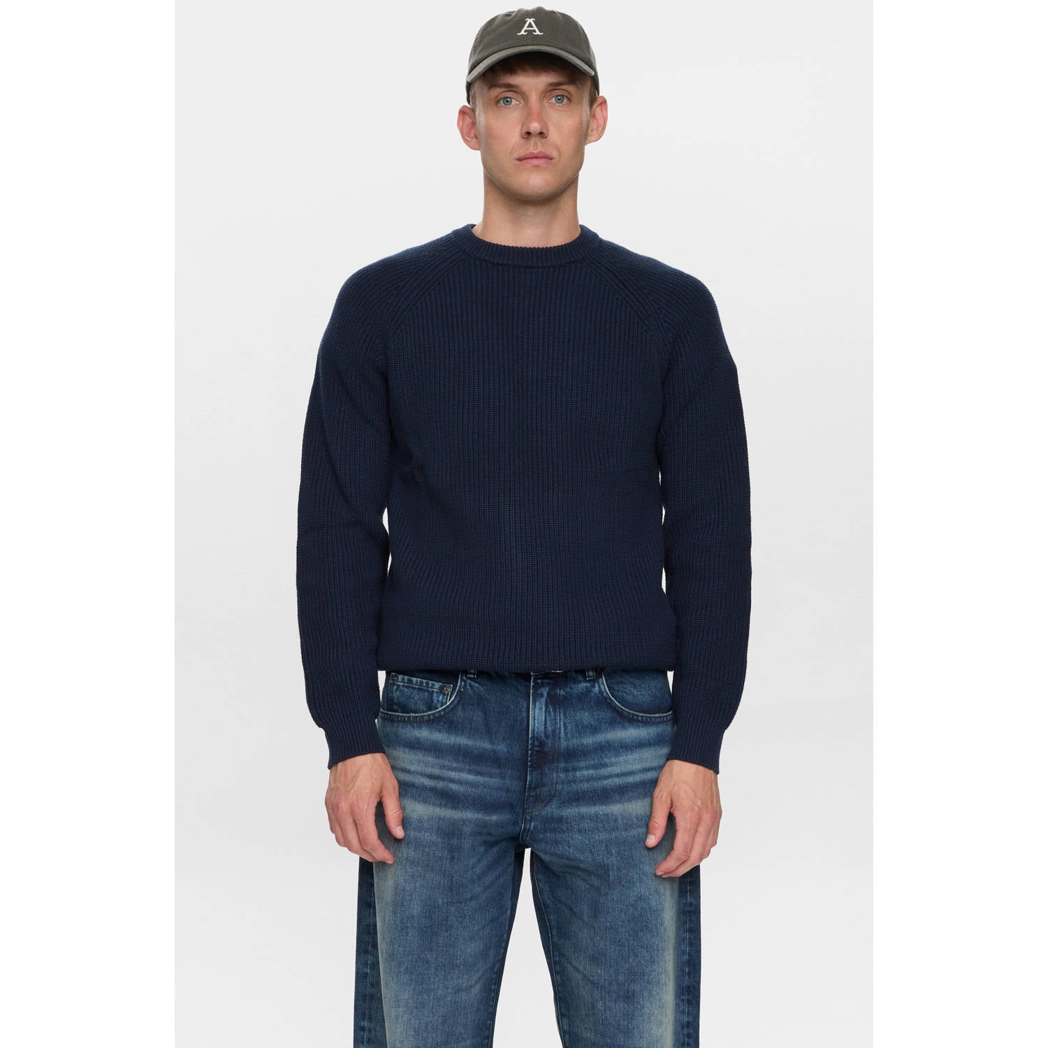 Anerkjendt katoenen regular fit gebreide trui donkerblauw