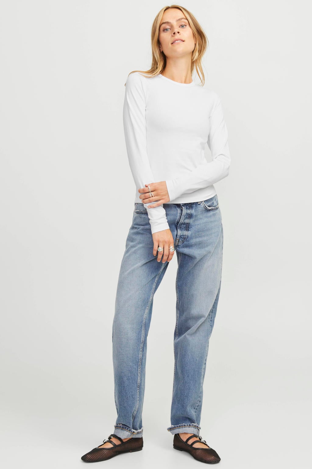 Witte dames JJXX T-shirt van katoen met effen, lange mouwen en ronde hals