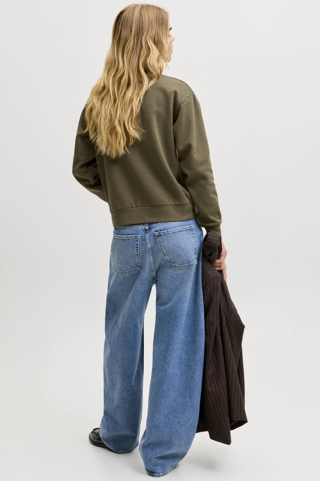Olijfgroene dames JJXX rechtvallende sweater van katoen met effen, lange mouwen en ronde hals