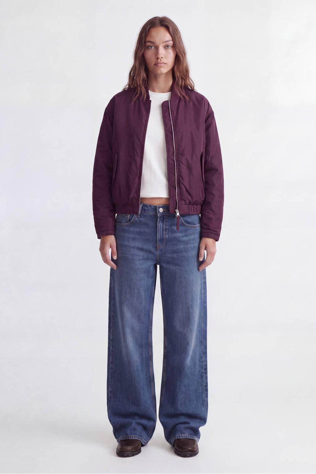 Donkerrode dames JJXX bomberjas van polyester met effen, lange mouwen, ronde hals, ritssluiting en plooien