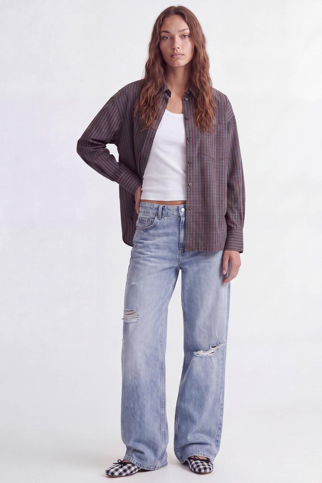 Bruin en blauwe dames JJXX rechtvallende geruite blouse van katoen met lange mouwen, klassieke kraag, knoopsluiting en geweven detail