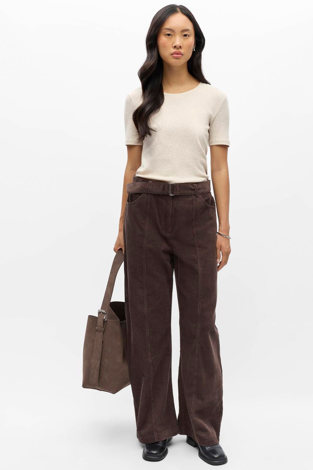 OBJECT wide leg broek met corduroy details - bruin