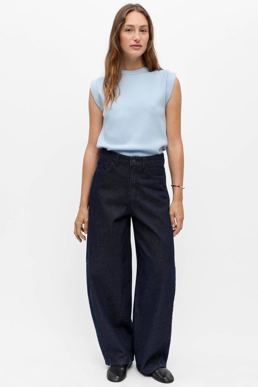 Dark blue denim dames OBJECT barrel jeans van denim met regular waist, rits- en knoopsluiting en effen