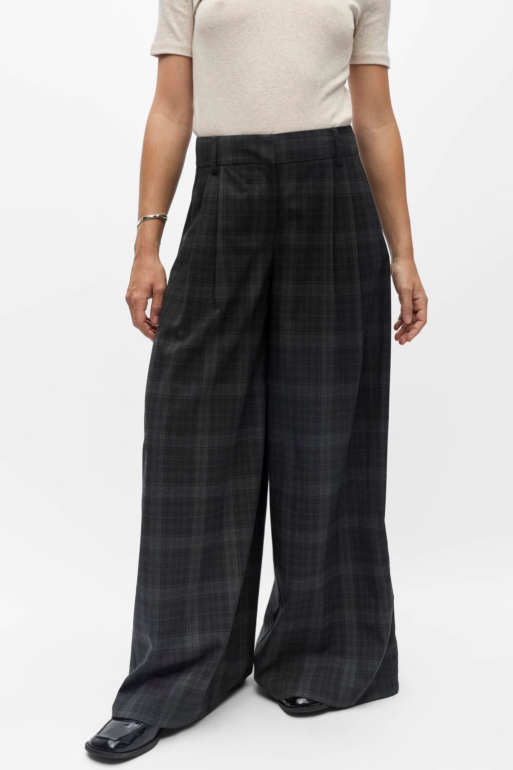 Zwarte dames OBJECT high waist wide leg geruite broek met rits- en haaksluiting