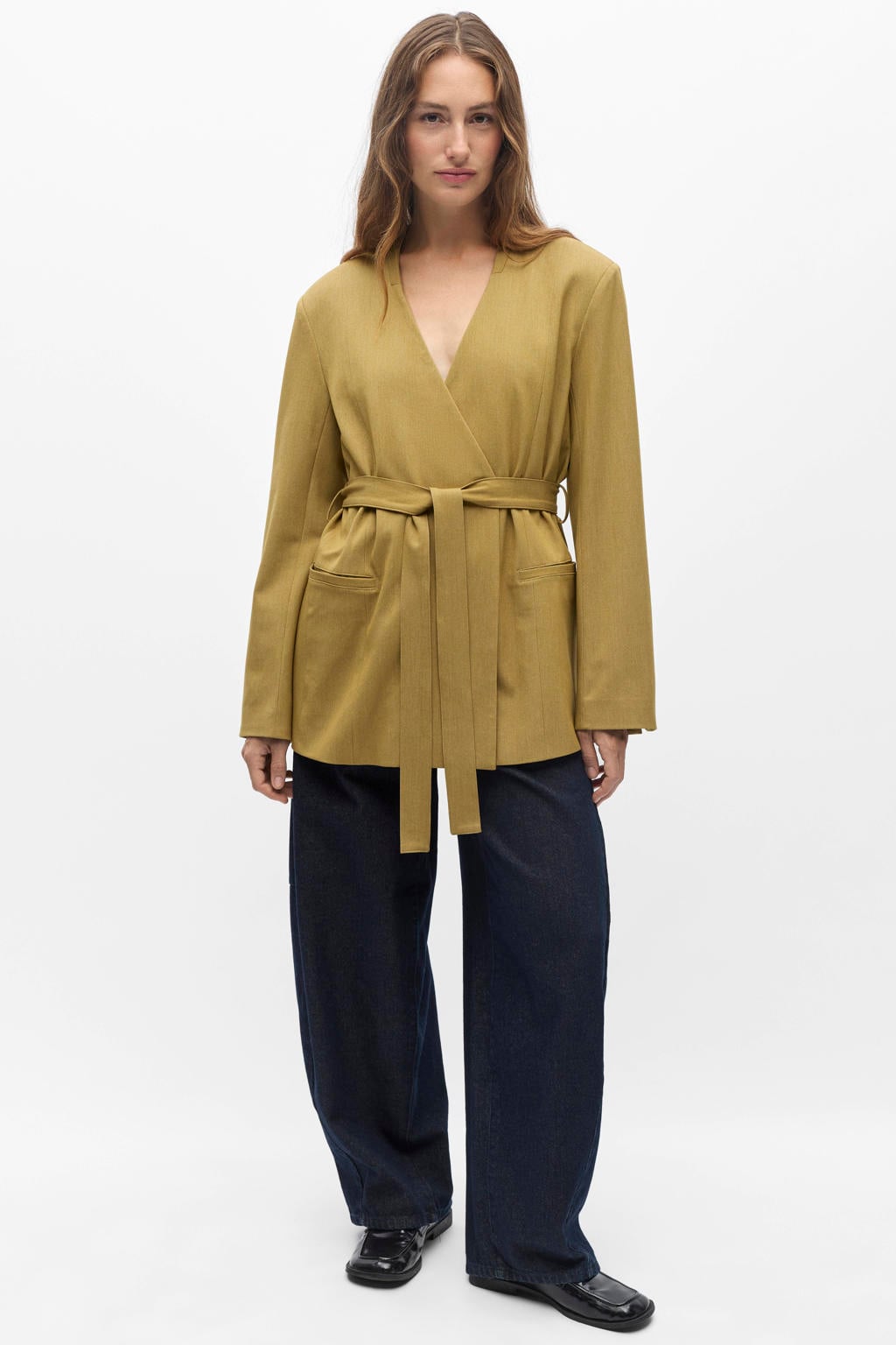 Okergele dames OBJECT oversized blazer van polyester met effen, lange mouwen, V-hals, knoopsluiting en ceintuur