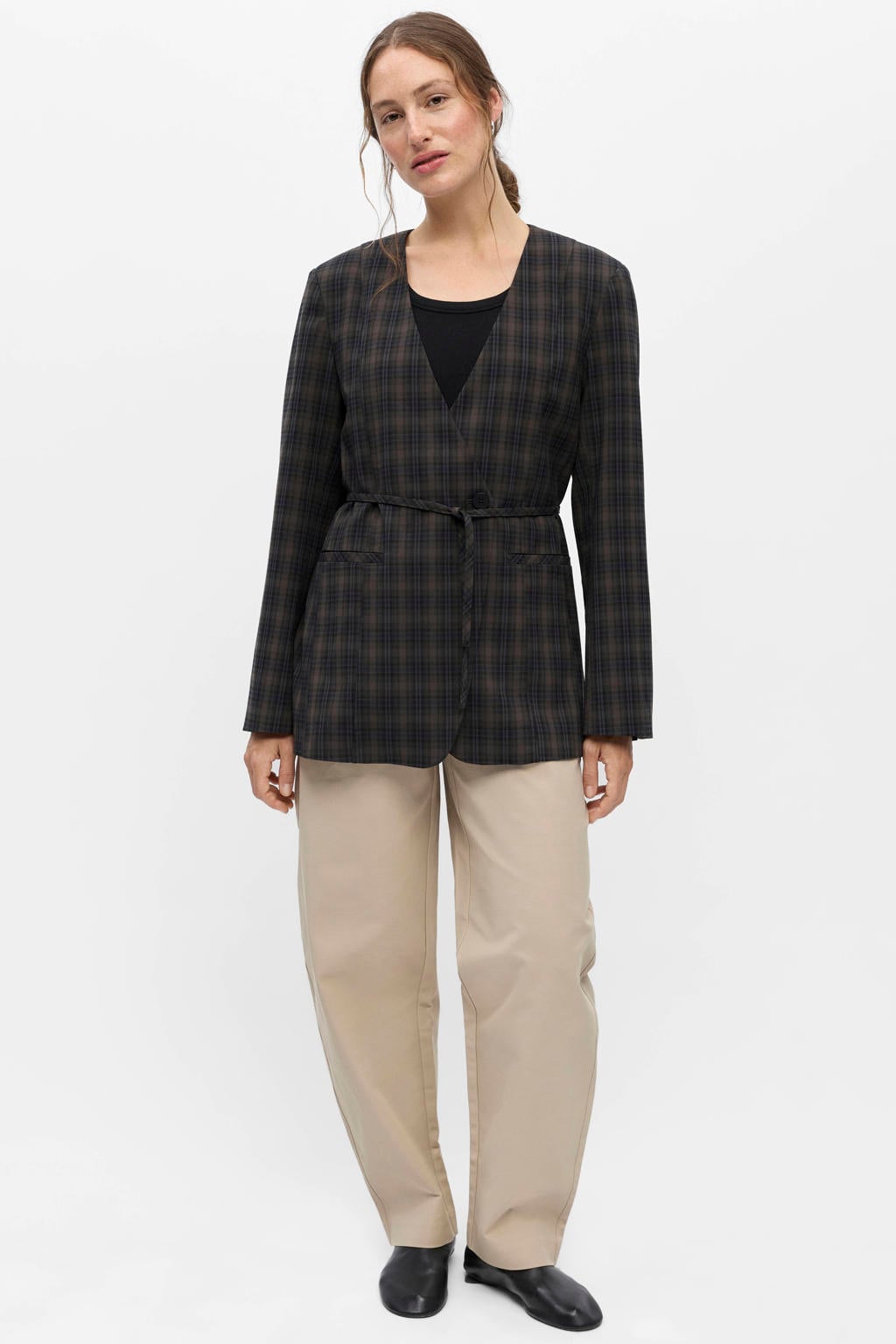 Bruine dames OBJECT regular fit geruite blazer van polyester met lange mouwen, reverskraag en overslag detail
