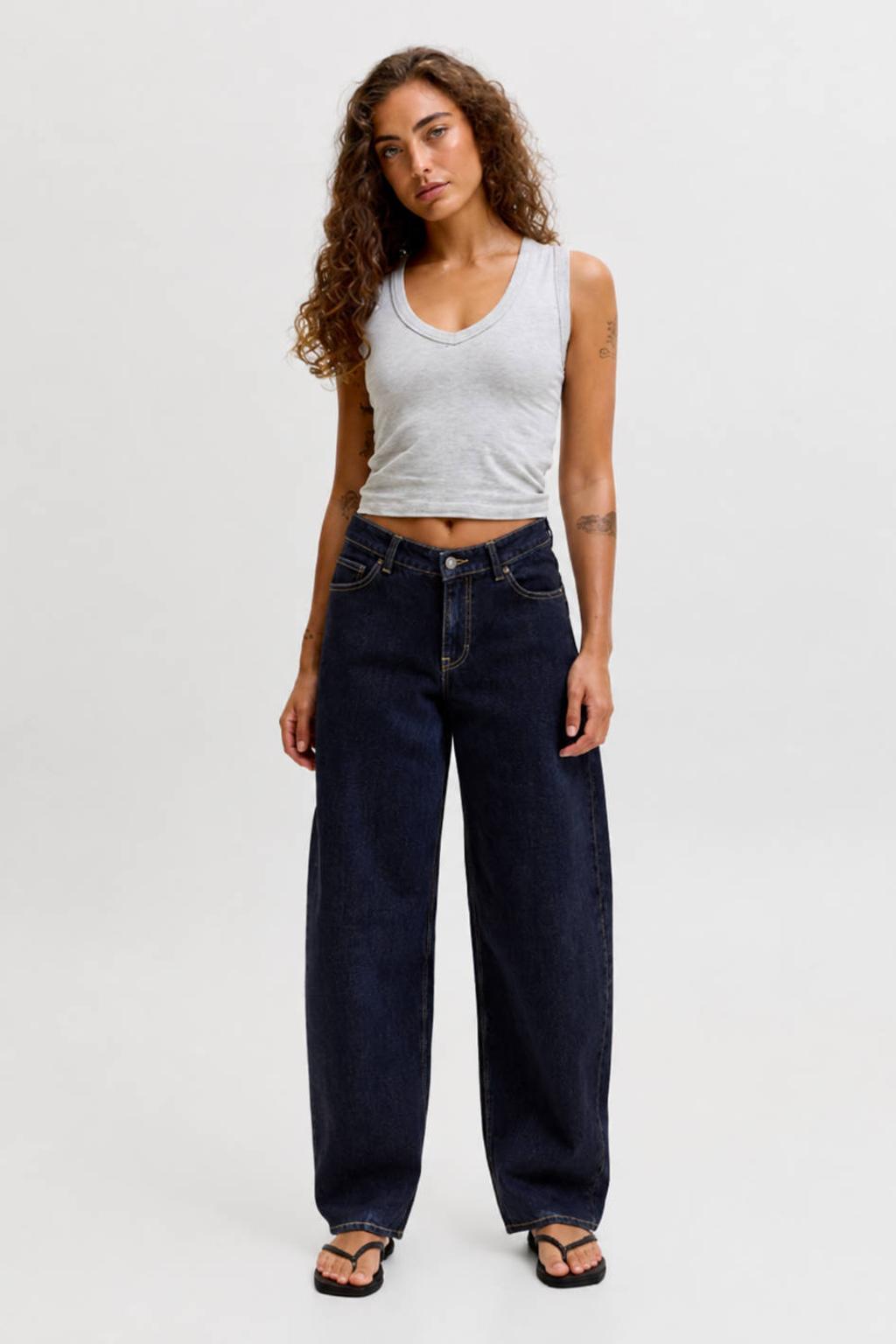 Dark blue denim dames JJXX barrel jeans van denim met regular waist, rits- en knoopsluiting en effen