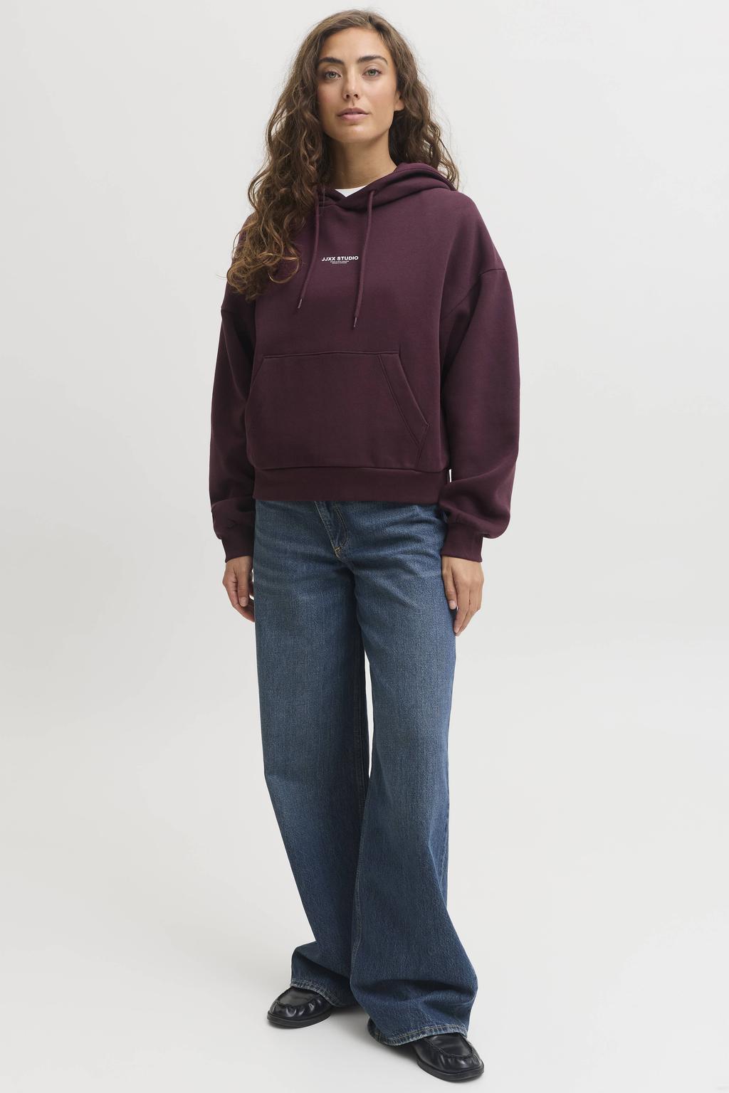 Donkerrode dames JJXX rechtvallende hoodie van katoen met tekst print, lange mouwen en capuchon
