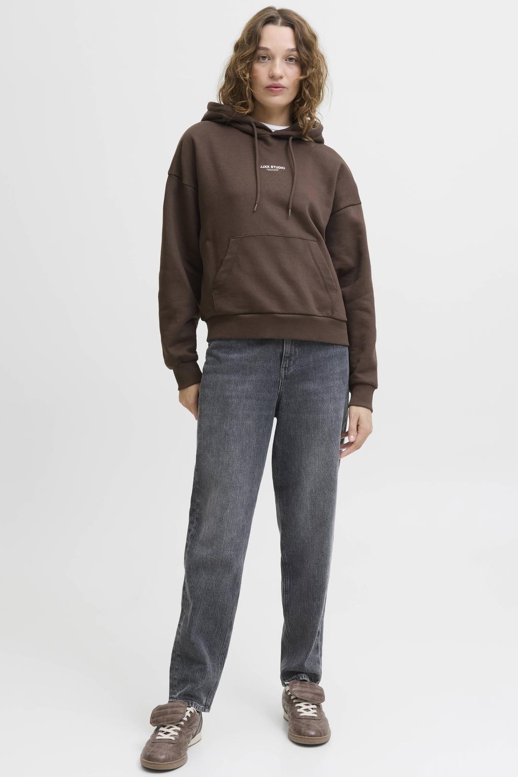 Donkerblauwe dames JJXX rechtvallende hoodie van katoen met tekst print, lange mouwen en capuchon