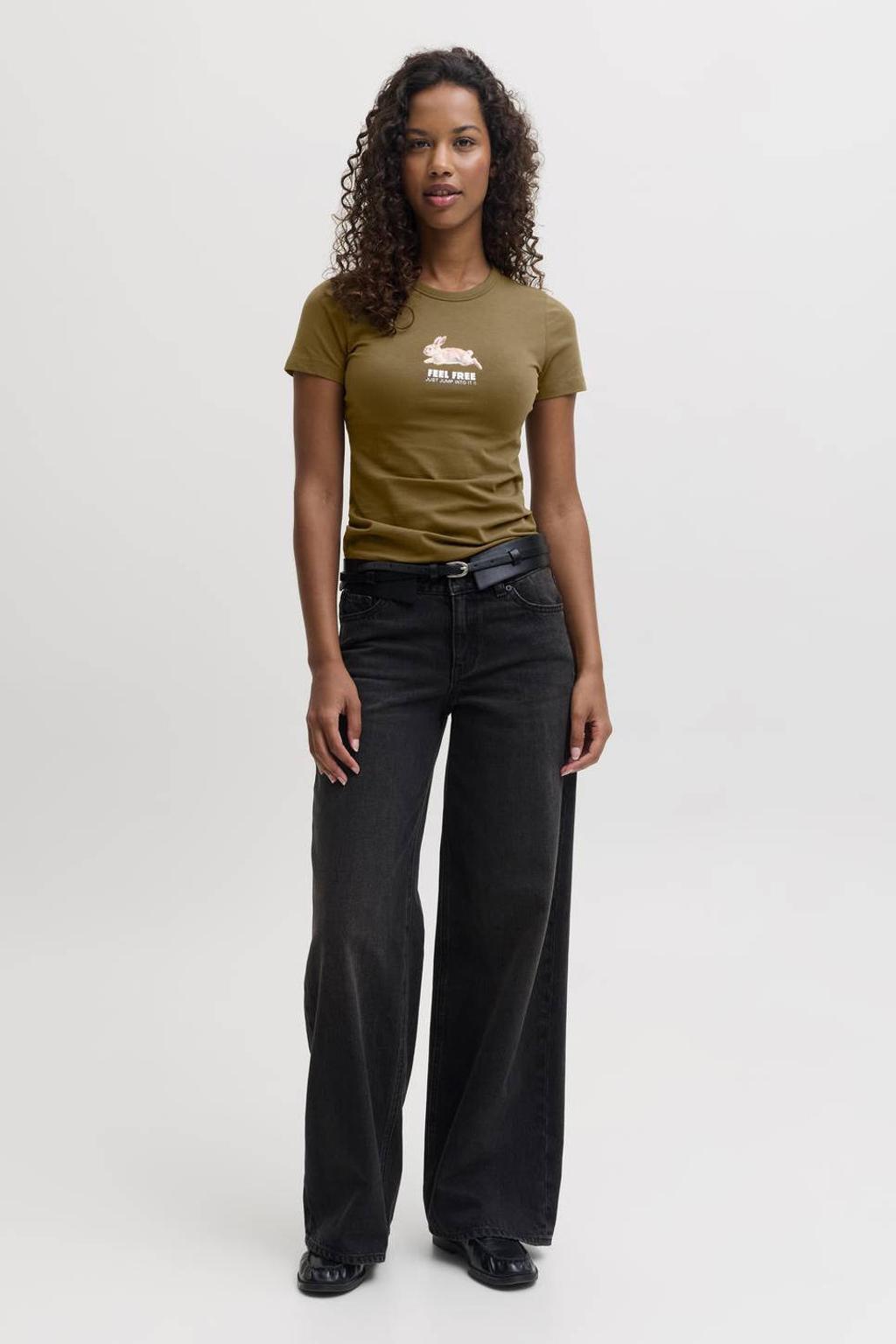 Groene dames JJXX aansluitend T-shirt van katoen met printopdruk, korte mouwen en ronde hals