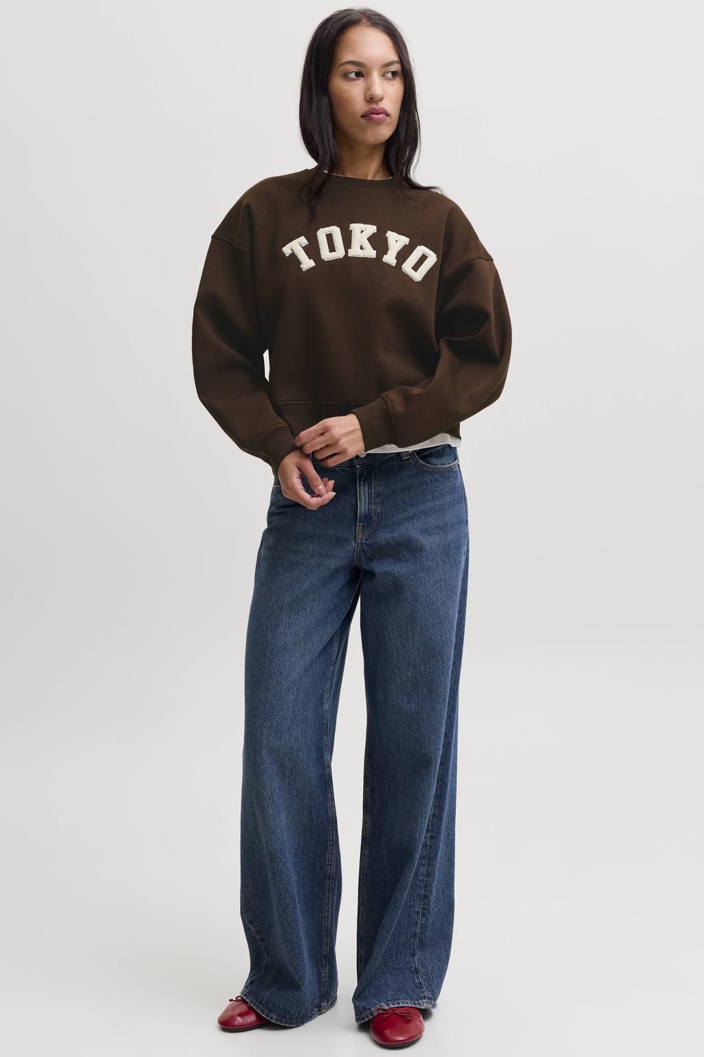 Donkerblauwe dames JJXX sweater van polyester met tekst print, lange mouwen en ronde hals