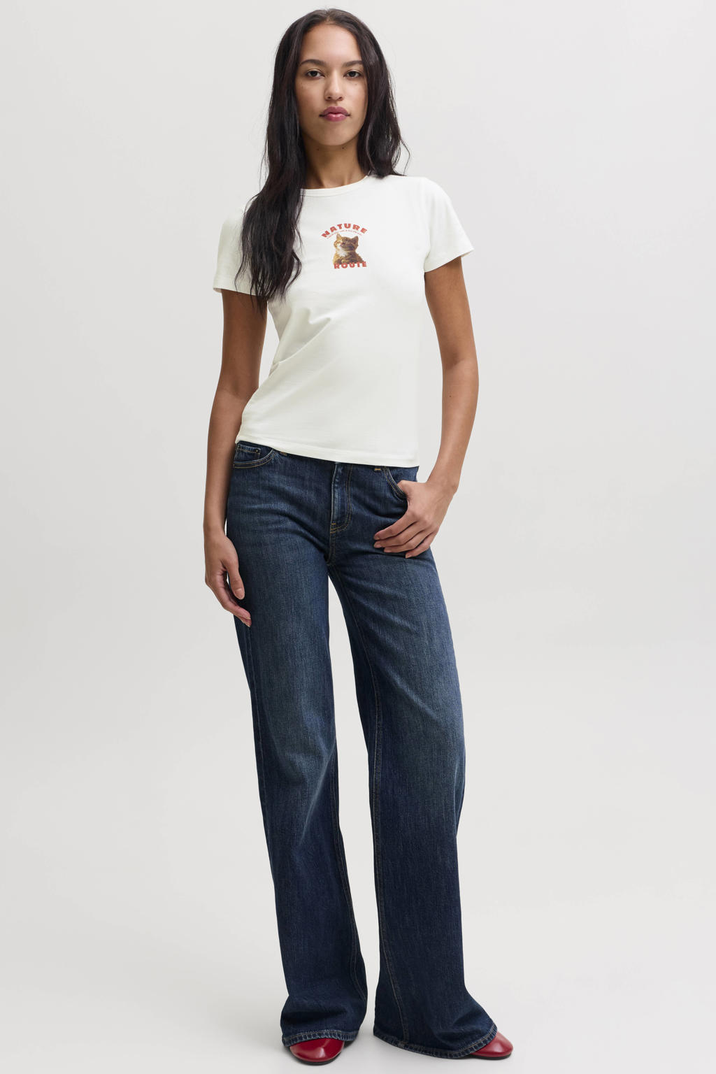 Ecru dames JJXX aansluitend T-shirt van katoen met printopdruk, korte mouwen en ronde hals