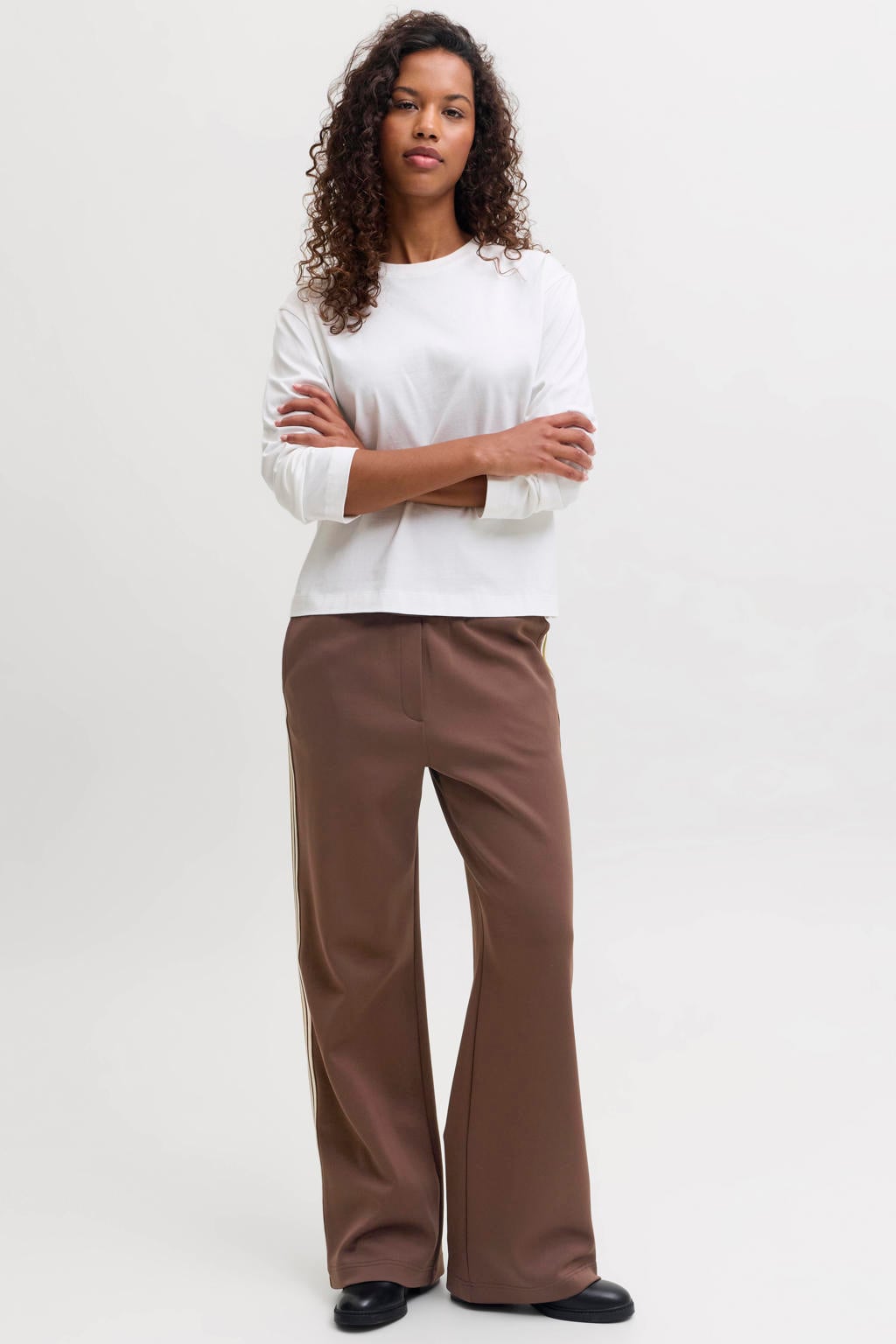 Bruine dames JJXX wide leg gebreide casual broek met effen