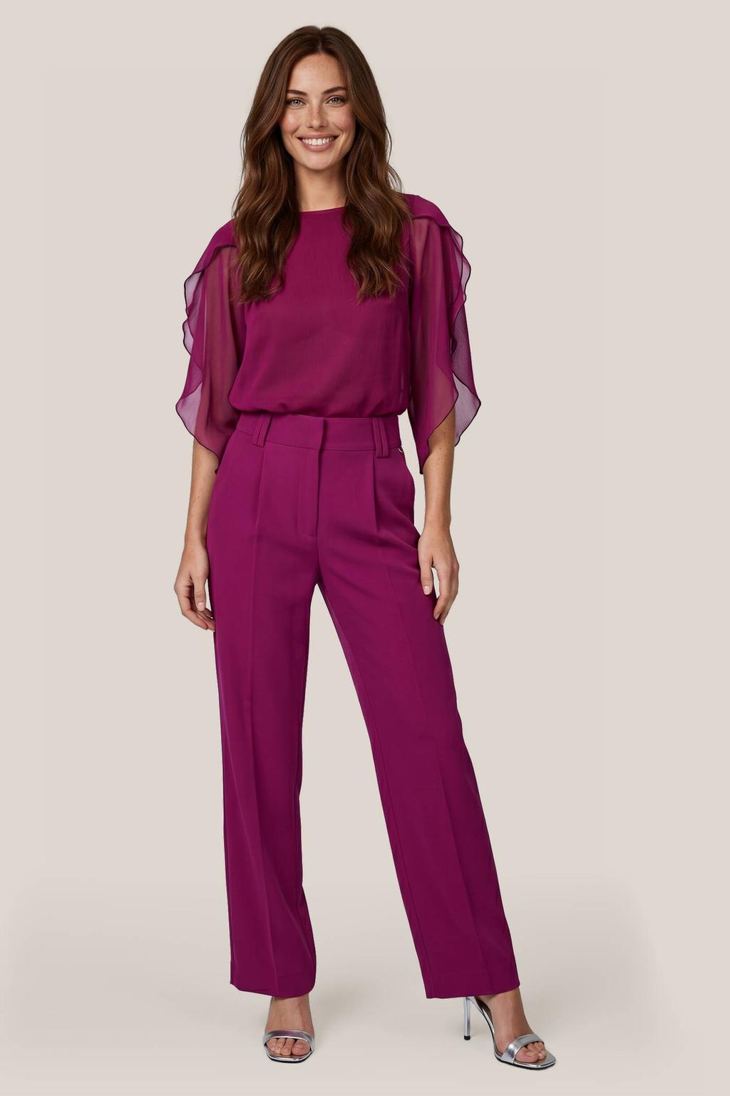 Paarse dames Mart Visser blouse van polyester met effen, korte mouwen, ronde hals en knoopsluiting
