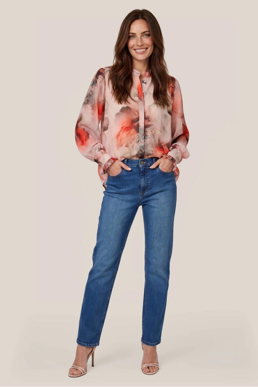 Roze en multikleurige dames Mart Visser gebloemde blouse met lange mouwen, opstaande kraag en blinde ritssluiting
