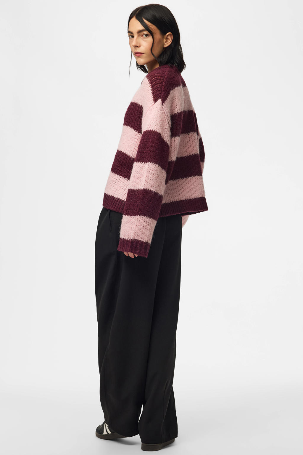 Lichtroze dames PIECES gebreide gestreepte trui van polyester met lange mouwen en ronde hals