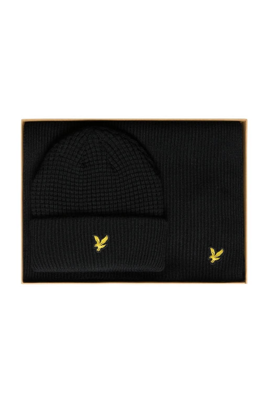 Lyle & Scott giftbox muts + sjaal Waffle zwart