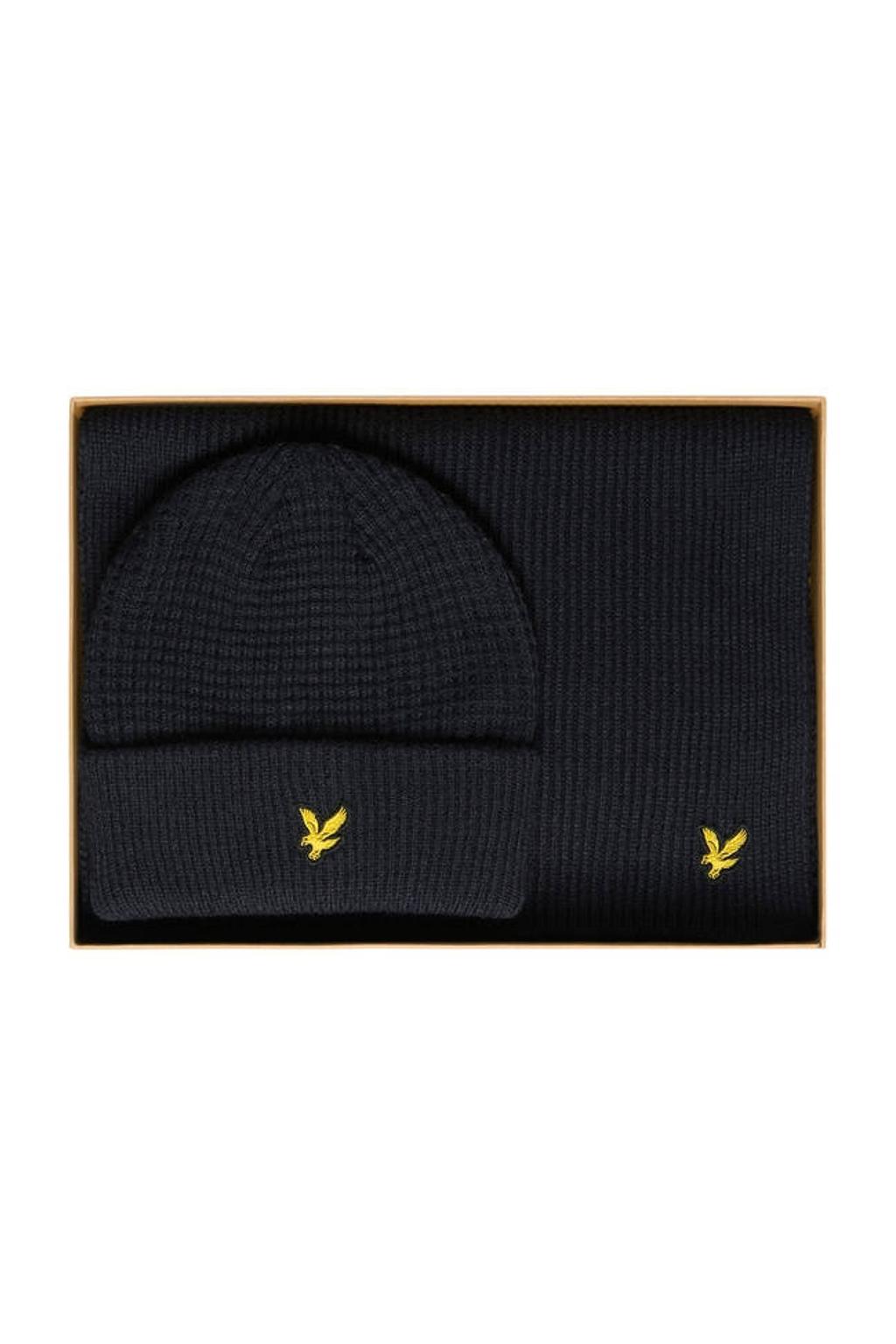 Lyle & Scott giftbox muts + sjaal Waffle donkerblauw