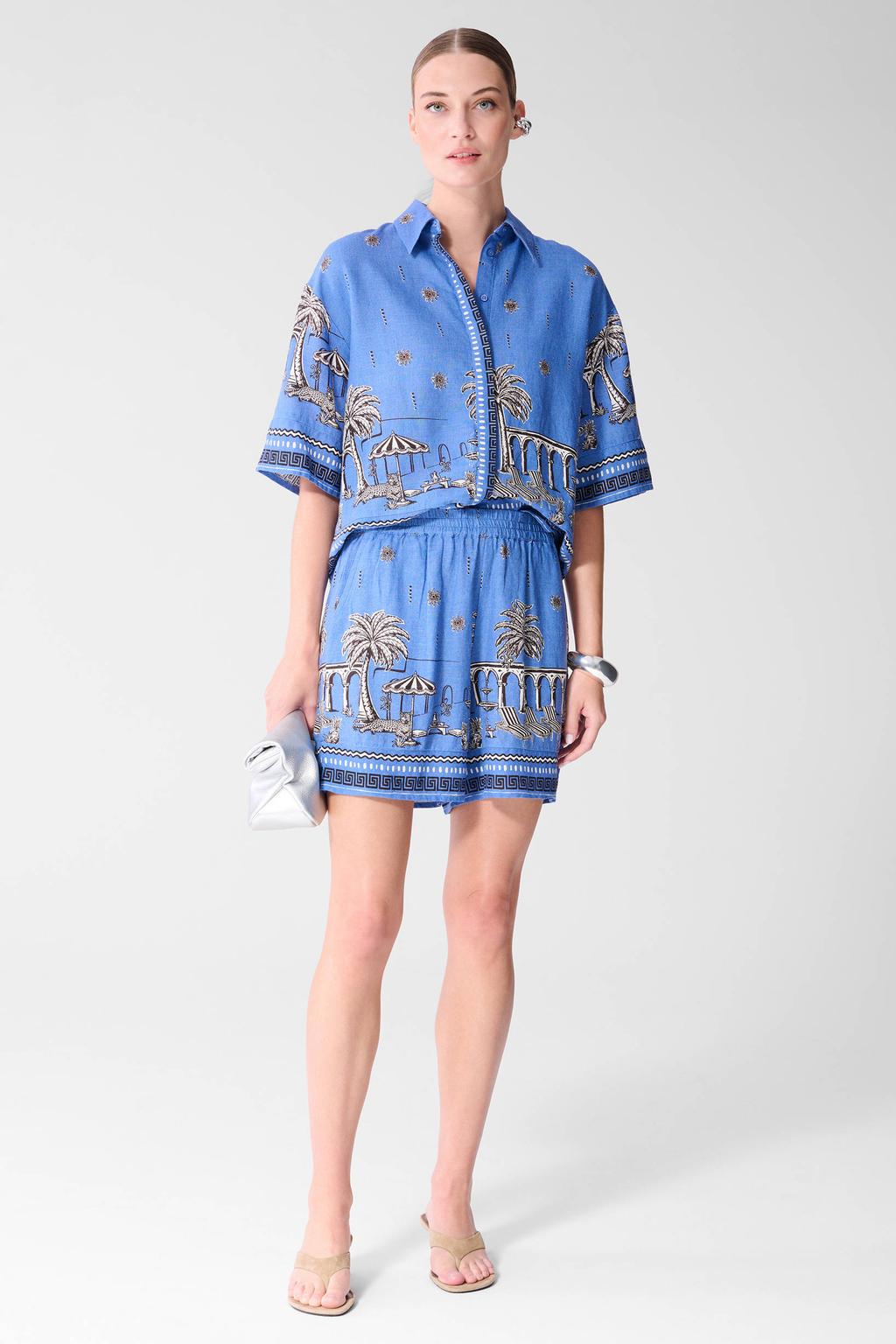 Blauw en ecru dames Shoeby straight leg casual short en linnen