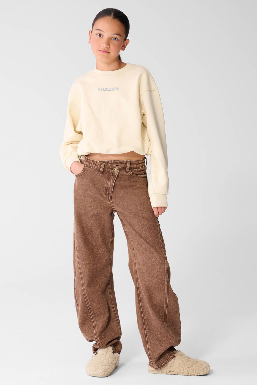 Bruine meisjes Shoeby wide leg barrel jeans van denim met high waist, rits- en knoopsluiting en effen