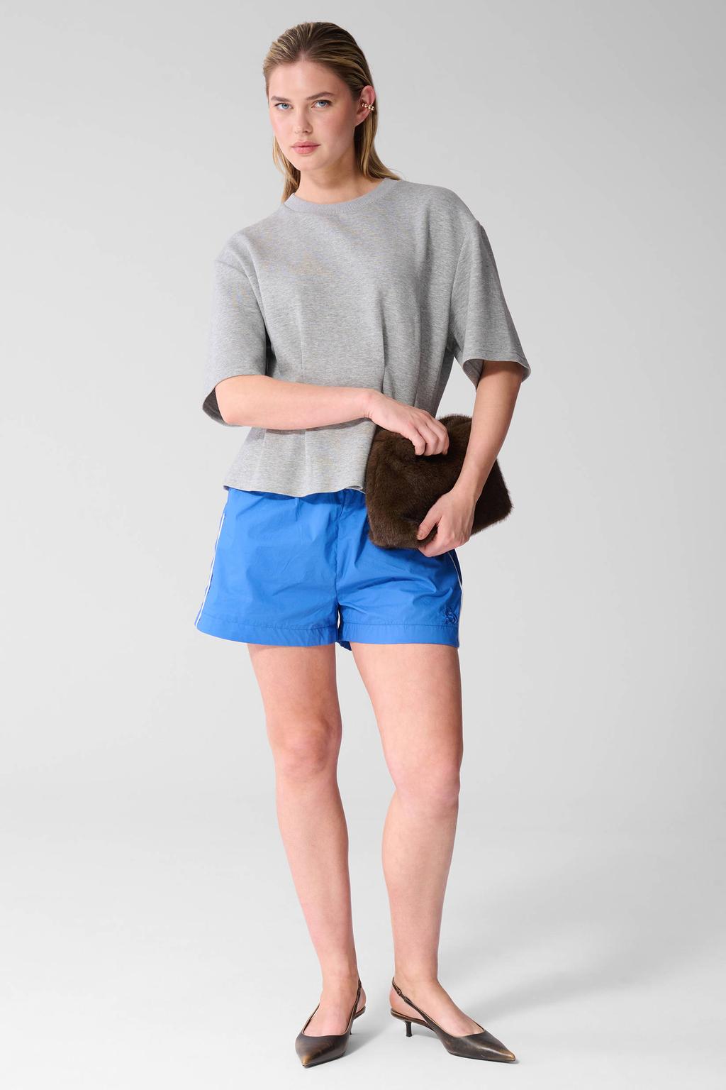 Grijze dames Shoeby T-shirt van katoen met effen, driekwart mouwen, ronde hals en peplum