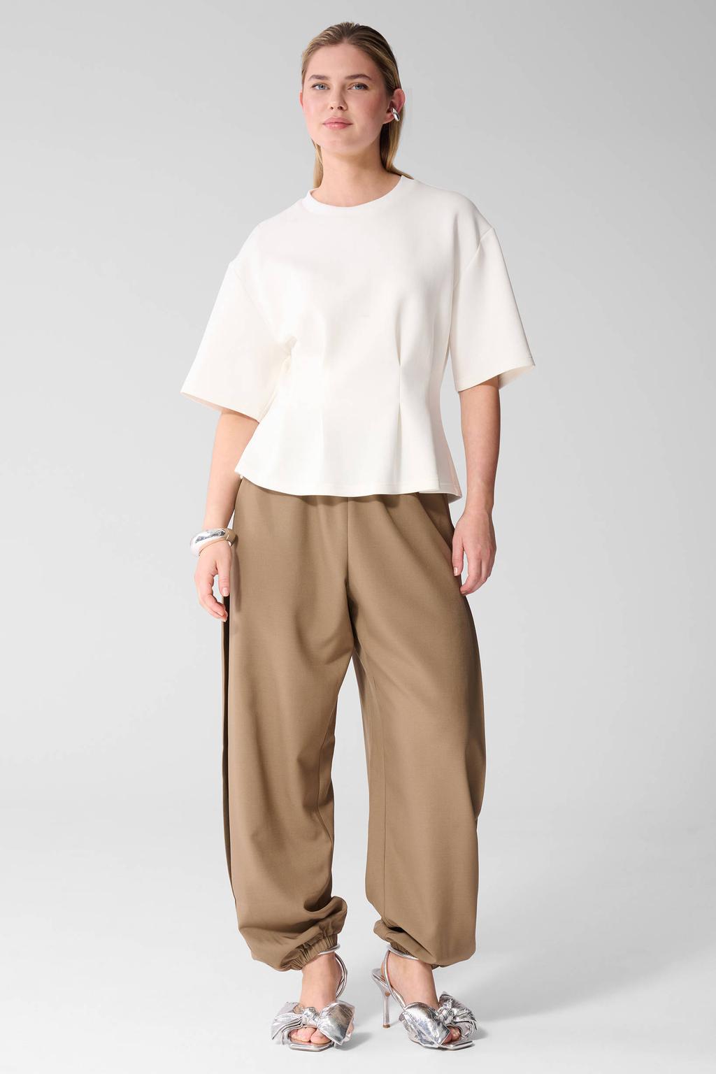 Witte dames Shoeby T-shirt van katoen met effen, driekwart mouwen, ronde hals en peplum