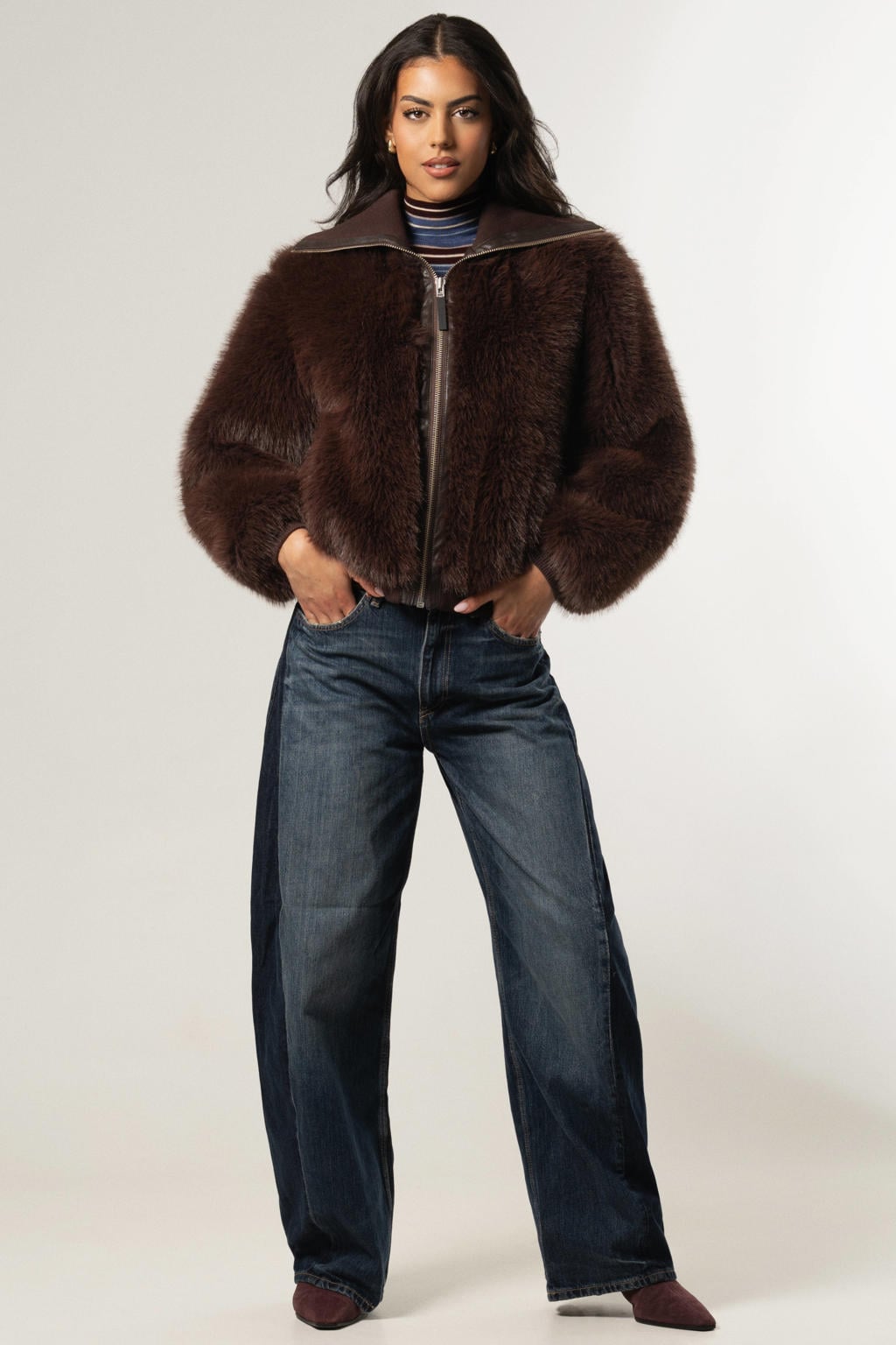 Donkerblauwe dames Giacomo faux fur jas van polyester met effen, lange mouwen, reverskraag en knoopsluiting