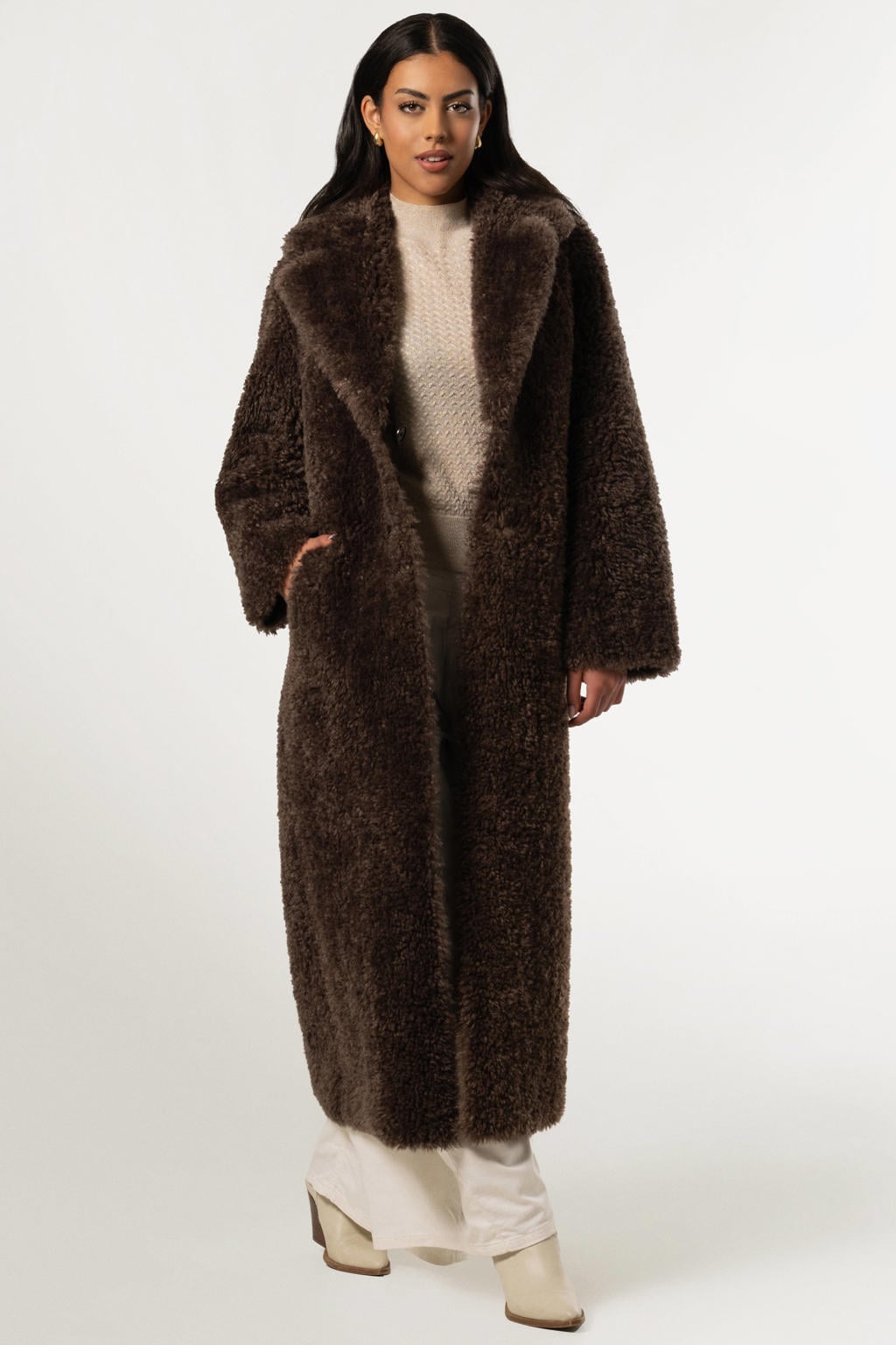 Donkerblauwe dames Giacomo faux fur jas van polyester met effen, lange mouwen, reverskraag en knoopsluiting