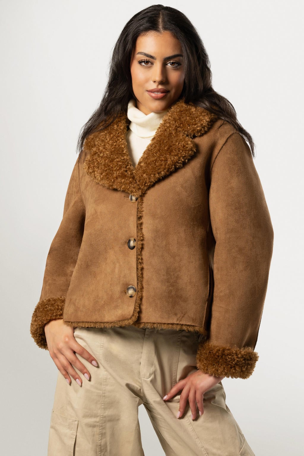 Bruine dames Giacomo faux fur jas van polyester met effen, lange mouwen, reverskraag en knoopsluiting