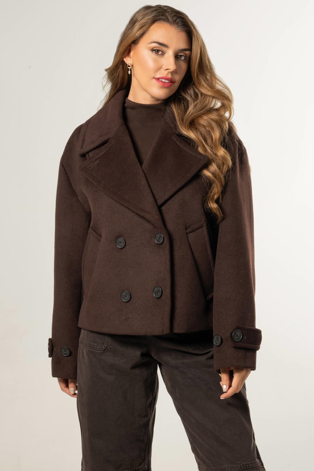 Donkerblauwe dames Giacomo trenchcoat van wol met effen, lange mouwen en klassieke kraag
