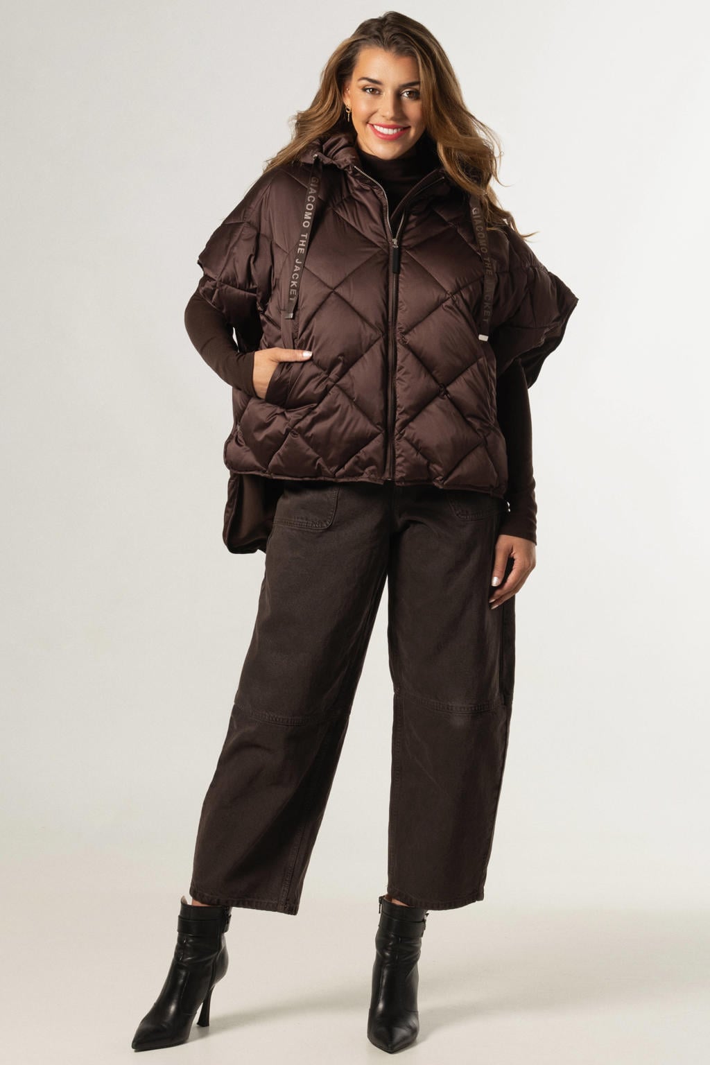 Donkerblauwe dames Giacomo bodywarmer van polyester met effen, lange mouwen, reverskraag en knoopsluiting