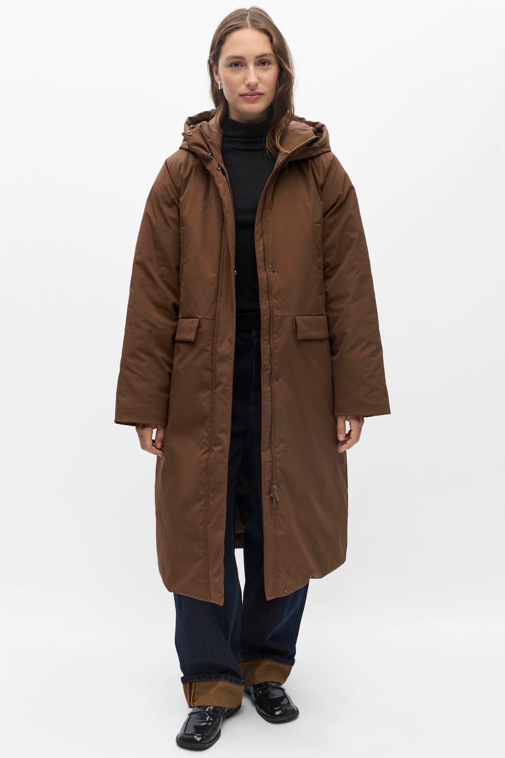 Bruine dames OBJECT mantel van polyester met effen, lange mouwen en capuchon