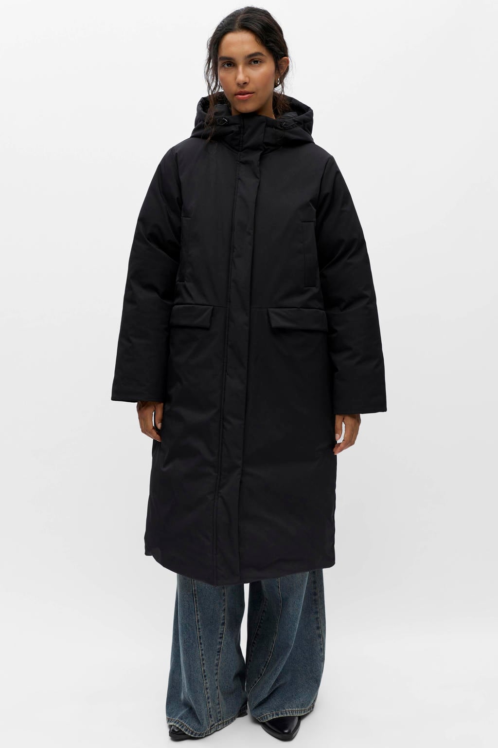 Zwarte dames OBJECT mantel van polyester met effen, lange mouwen en capuchon