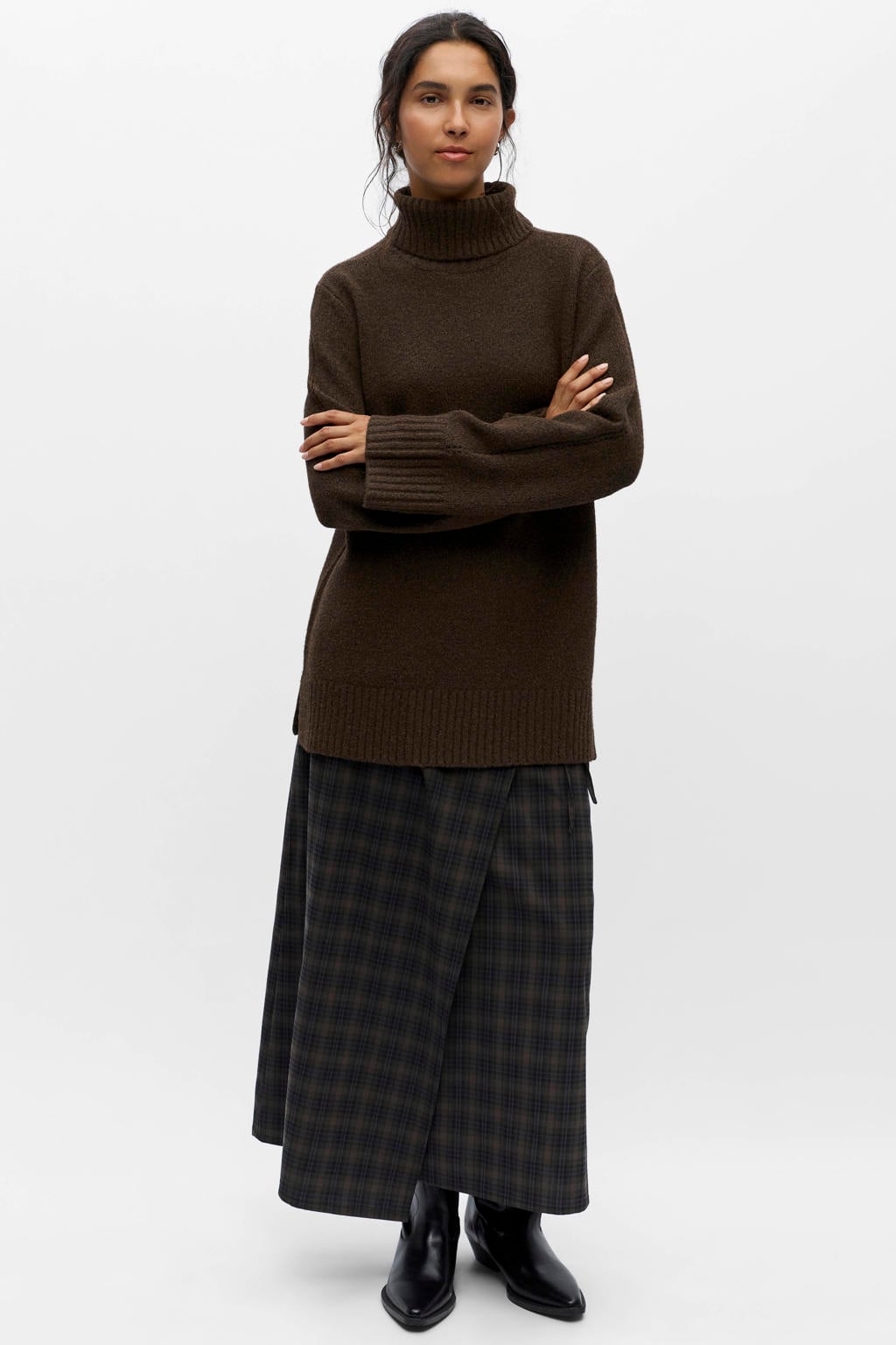 Bruine dames OBJECT loose fit coltrui van polyester met effen en lange mouwen