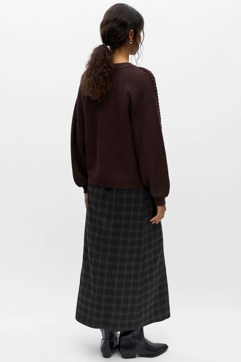 Bruine dames OBJECT gebreide trui van viscose met effen, lange mouwen en ronde hals