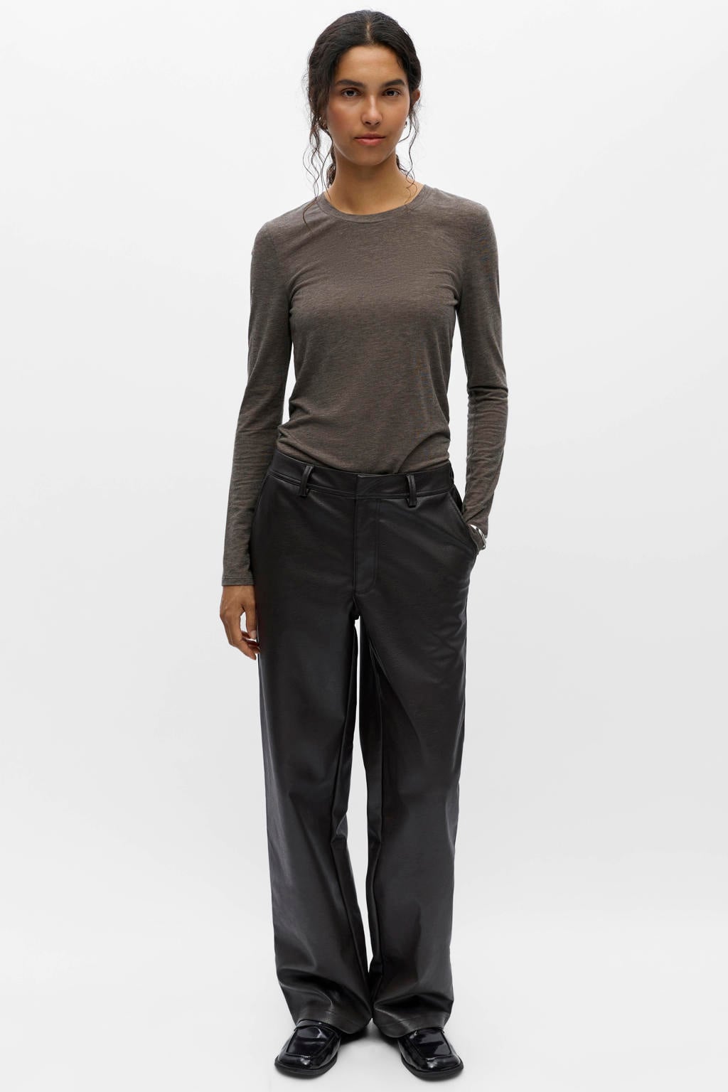 Donkerblauwe dames OBJECT wide leg casual broek met rits- en haaksluiting en effen