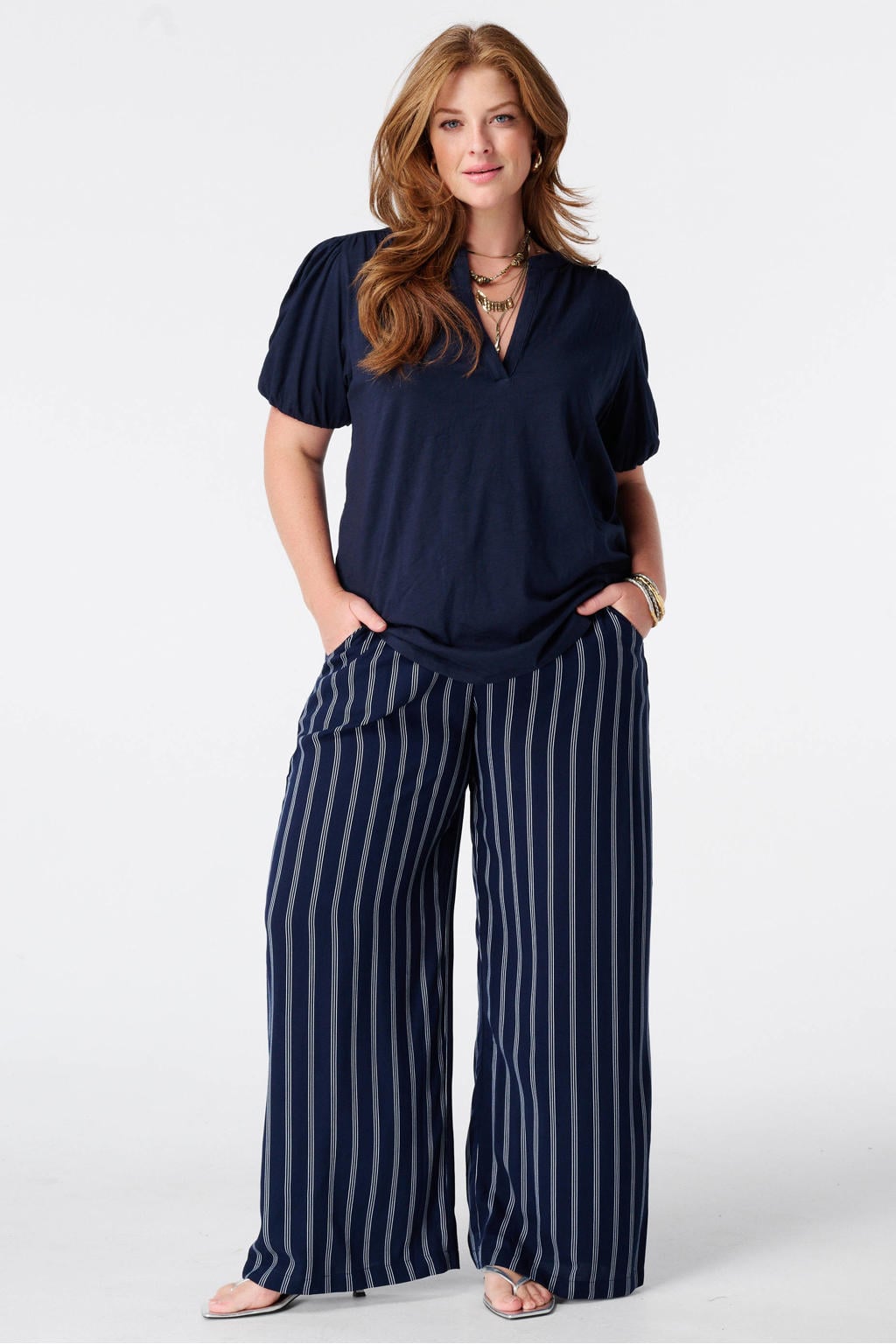 MS Mode viscose wide leg gestreepte broek Plus Size - blauw