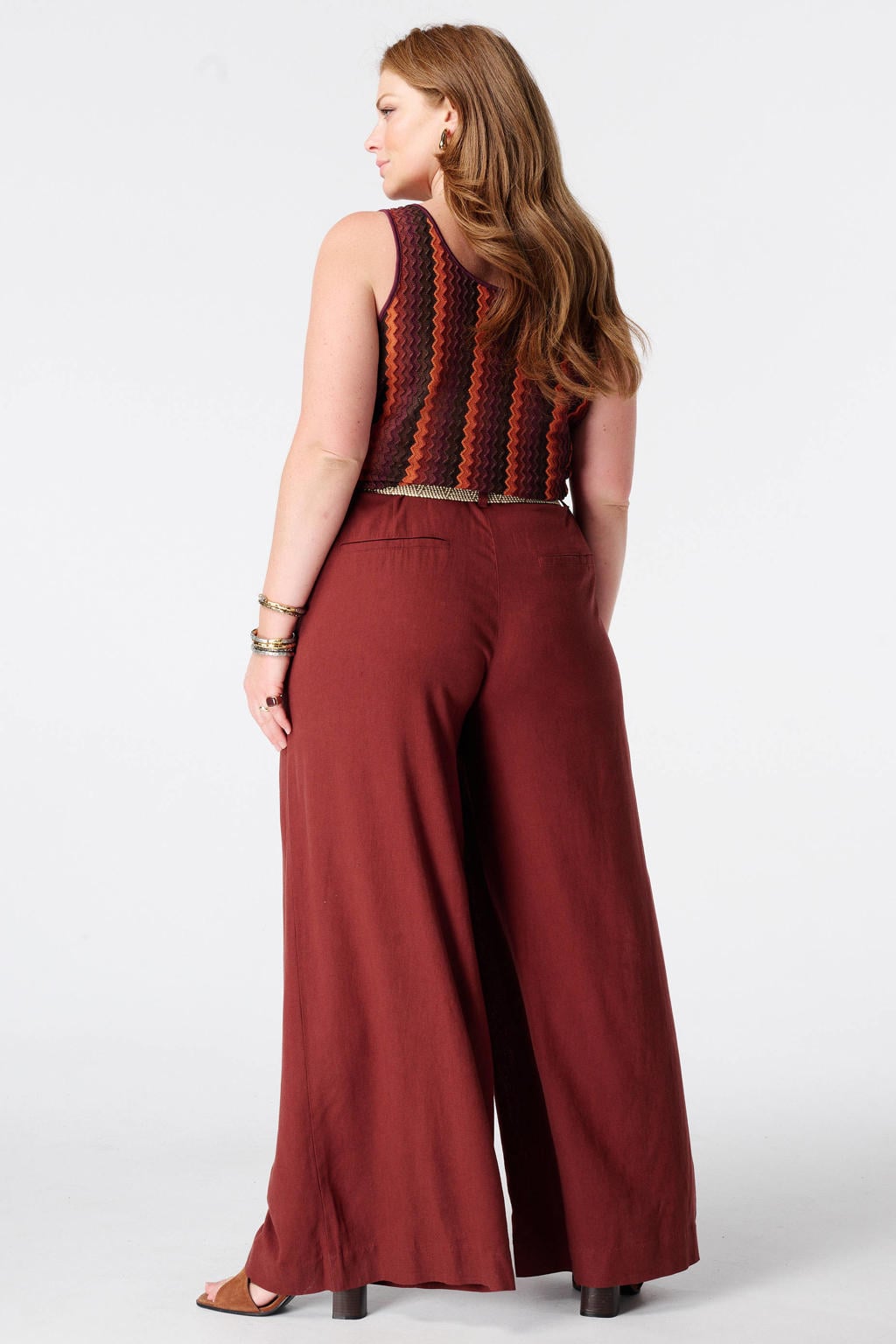 MS Mode wide leg broek met ceintuur en linnen Plus Size - roodbruin