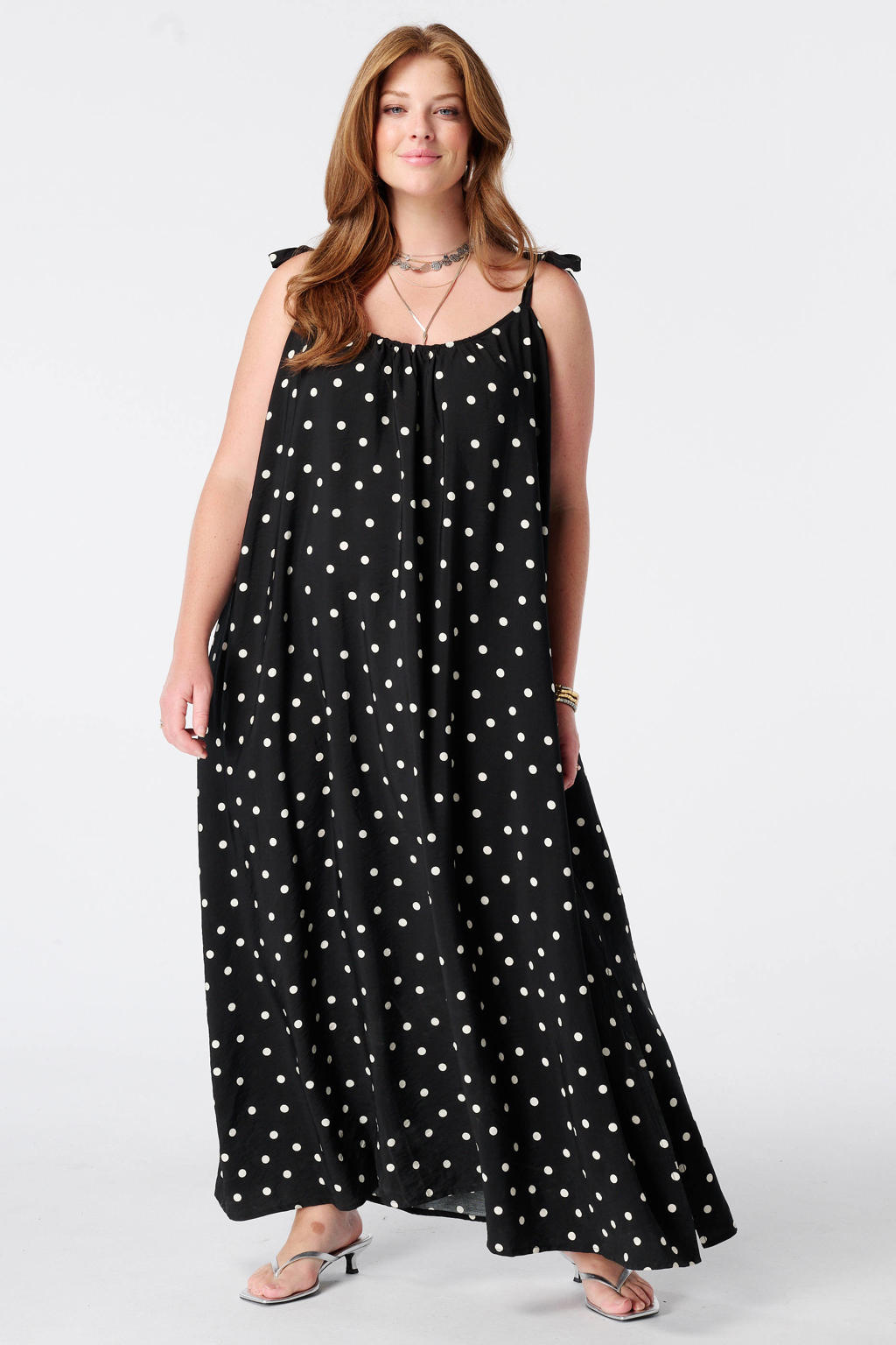 MS Mode maxi zomerjurk met stippen Plus Size - zwart