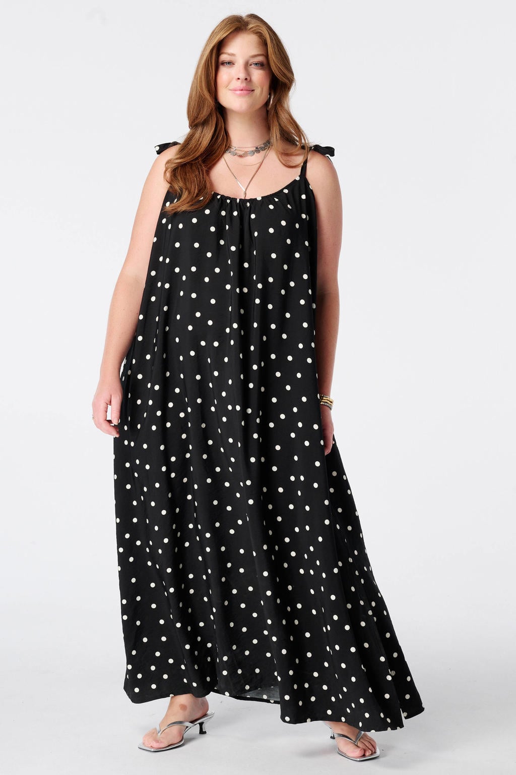 MS Mode maxi zomerjurk met stippen Plus Size - zwart